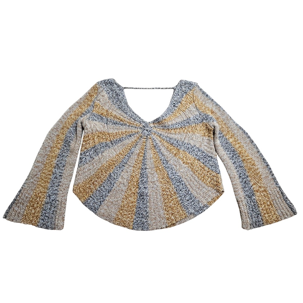 Free People Sunburst Knit Sweater Womens Medium Yellow Grey Bell Sleeve Boho